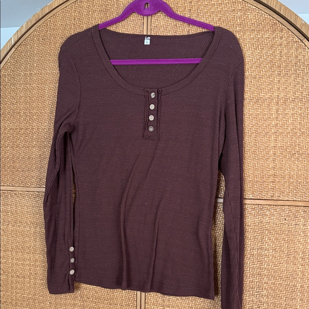 Brown Button-Detail Long Sleeve Top